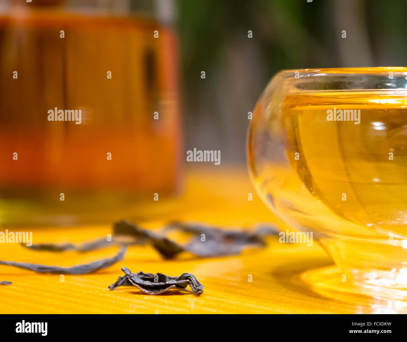 Chinese tea on light wooden background, macro Stock Photo