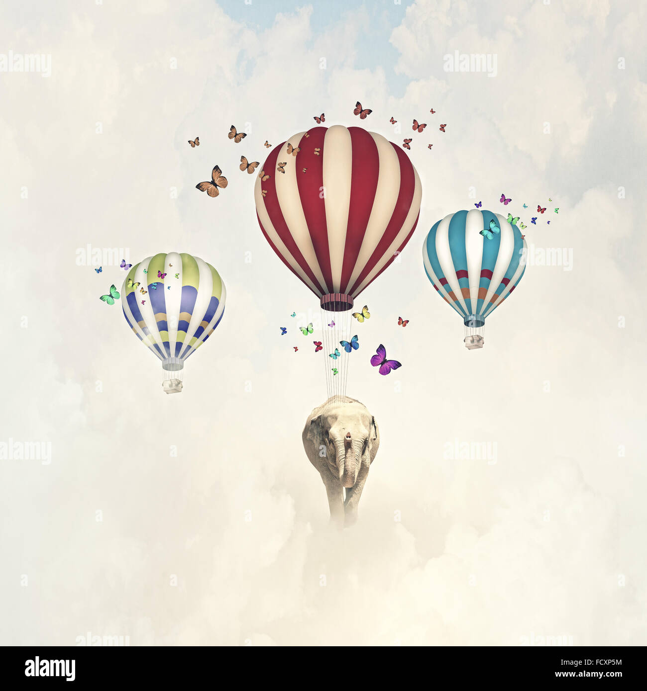 Sunny image of elephant flying in sky on aerostat Stock Photo - Alamy