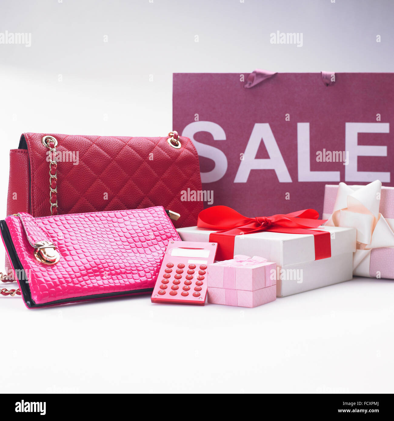 Various objects with sale shopping bag Stock Photo