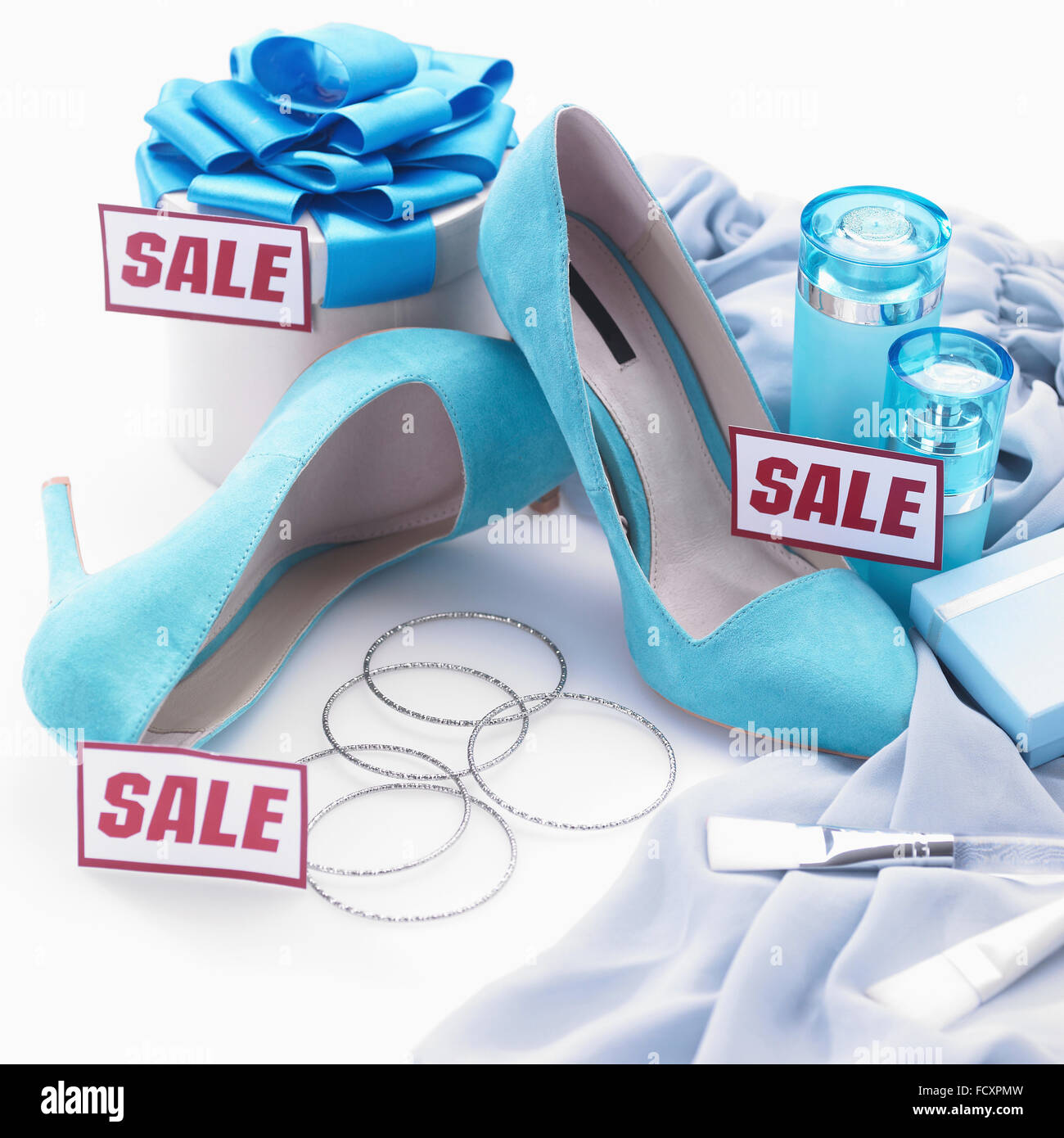 Various shopping objects with Sale signs Stock Photo