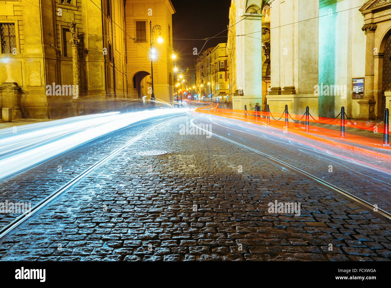 Night View of traffic lights in street in Prague, Czech Republic Stock Photo Alamy