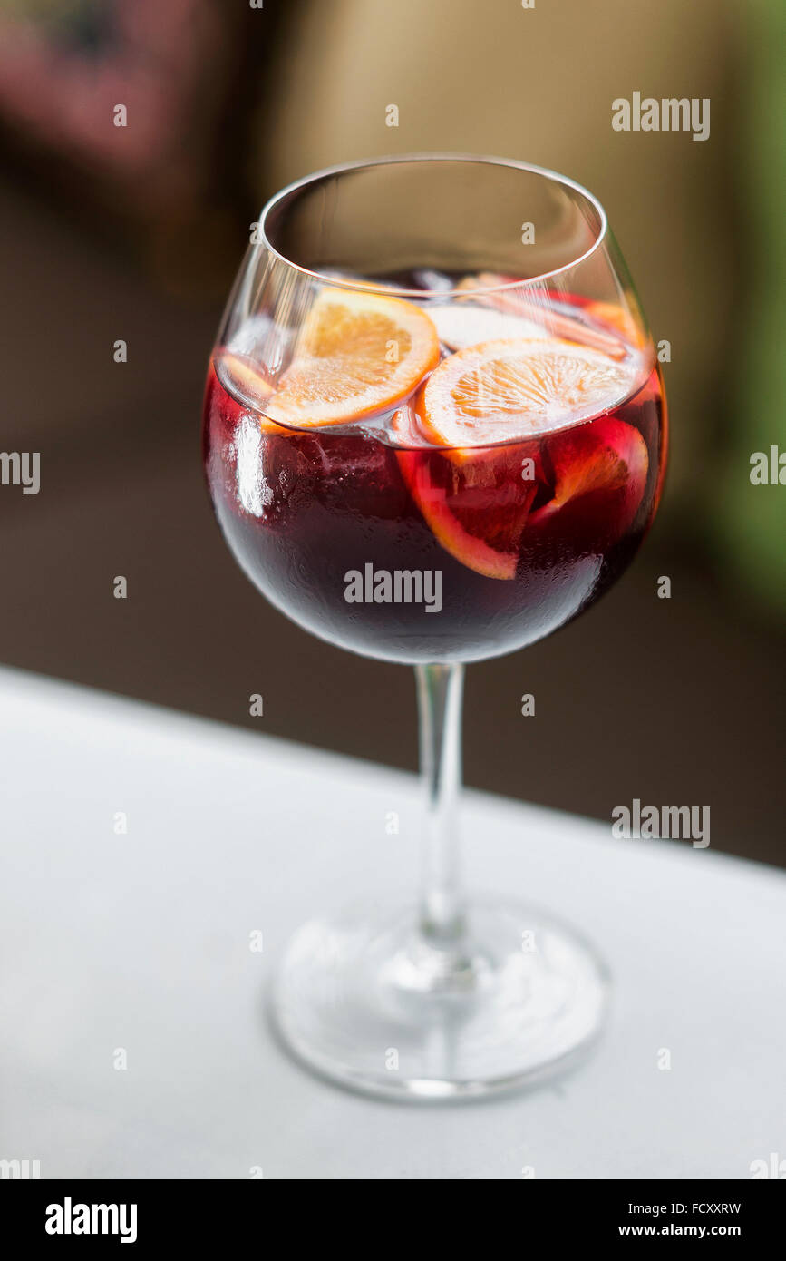 glass of sangria spanish traditional red wine cocktail drink Stock