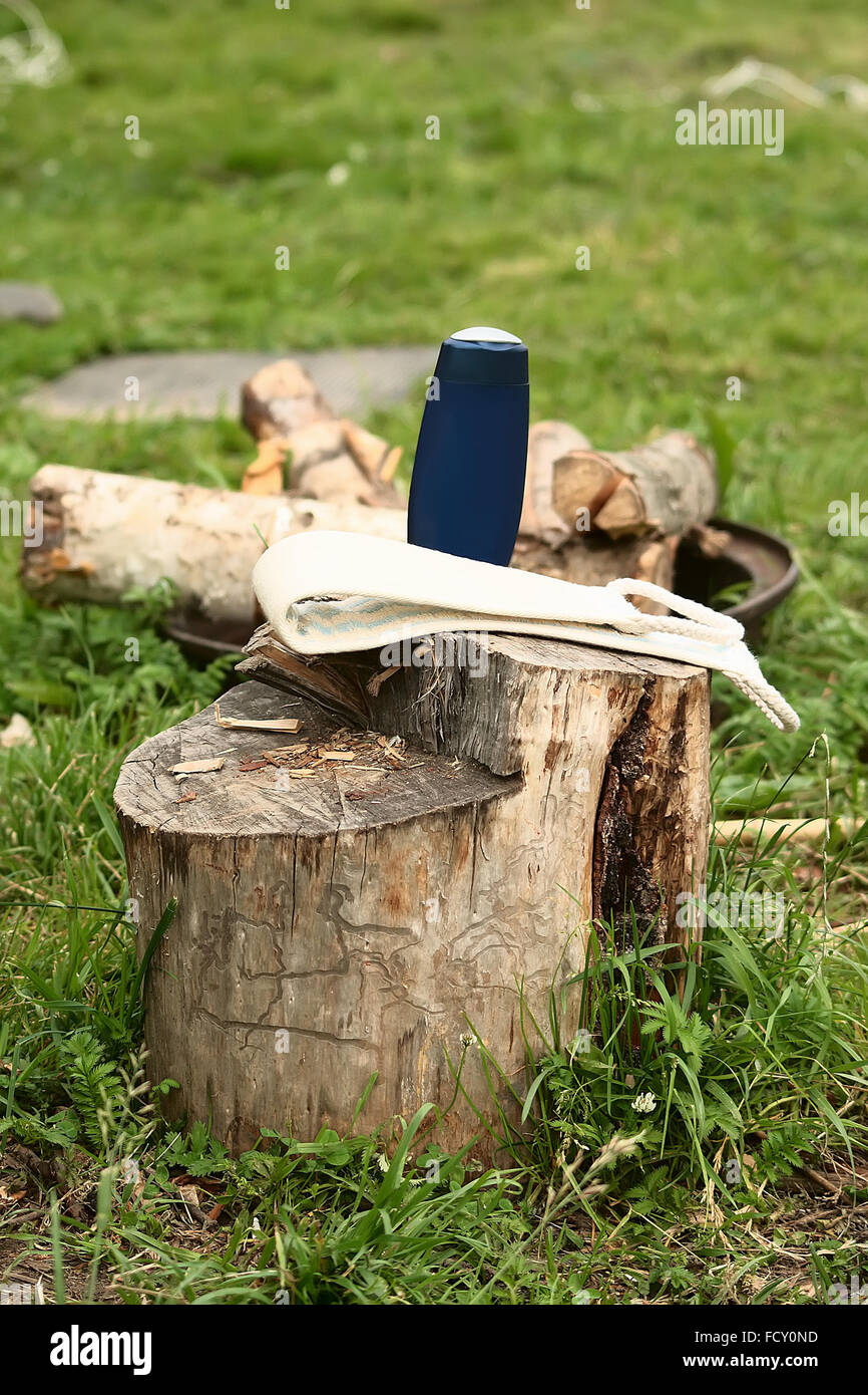 Stump in the village with a washcloth and a tube of shampoo Stock Photo