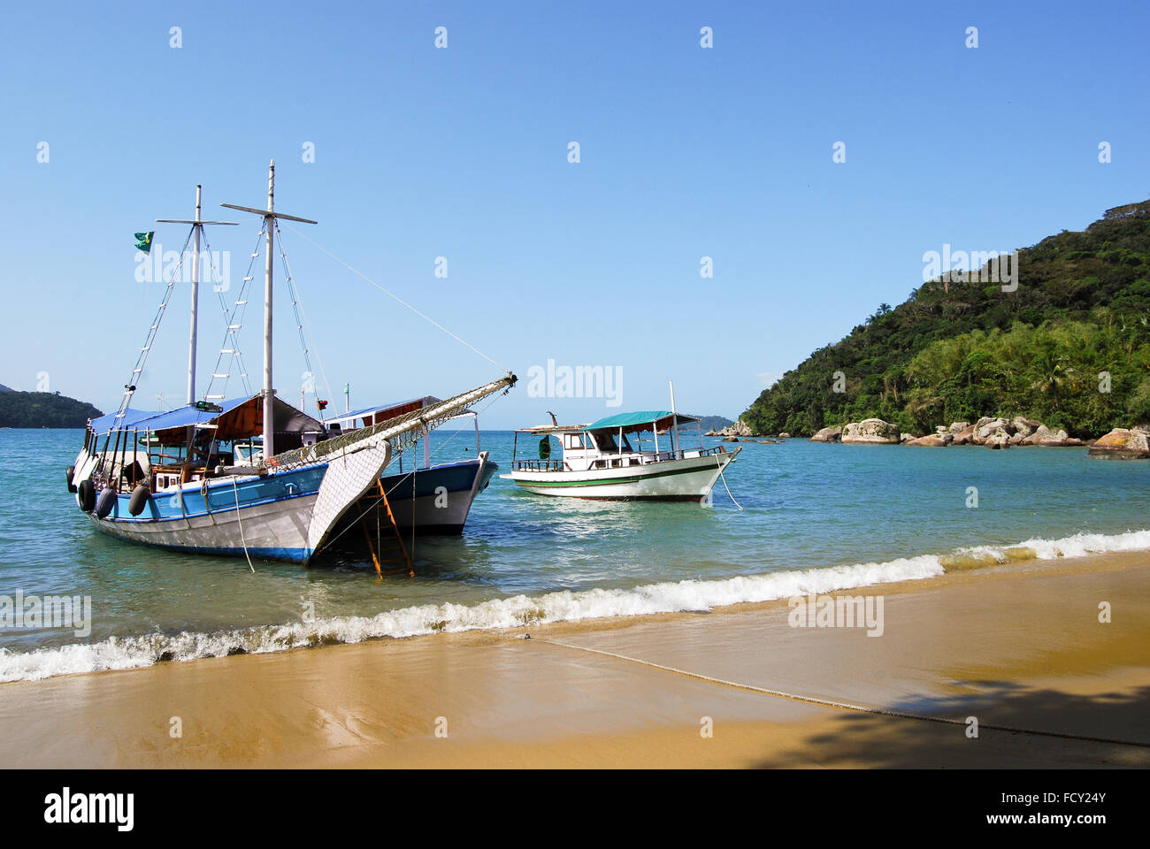 Ilha Grande Island: Sailboat at beach Praia Lopes Mendes, Rio de Janeiro state, Brazil, South America Stock Photo