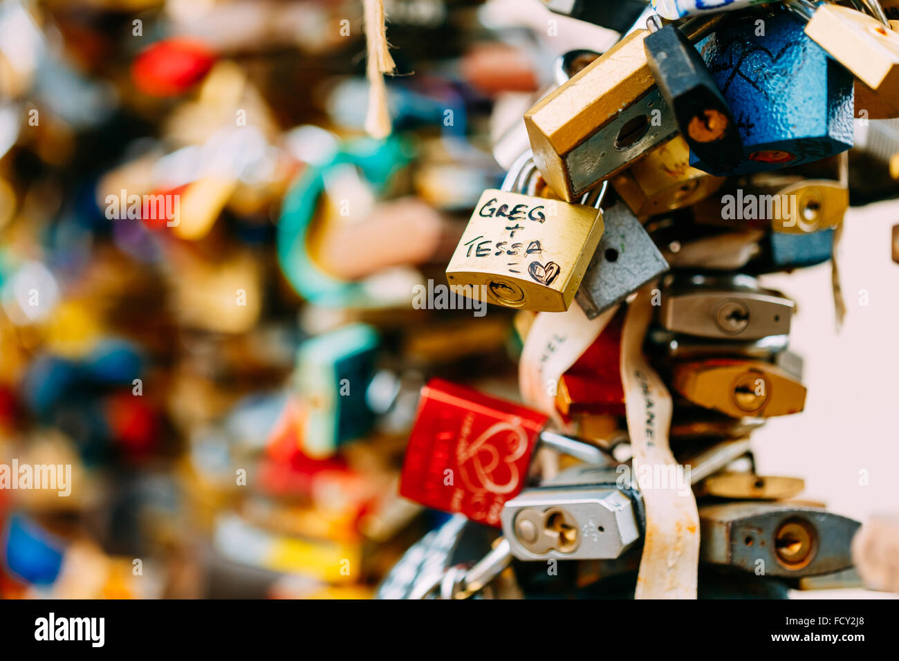 Lots of love locks on bridge in European town symbolize love forever