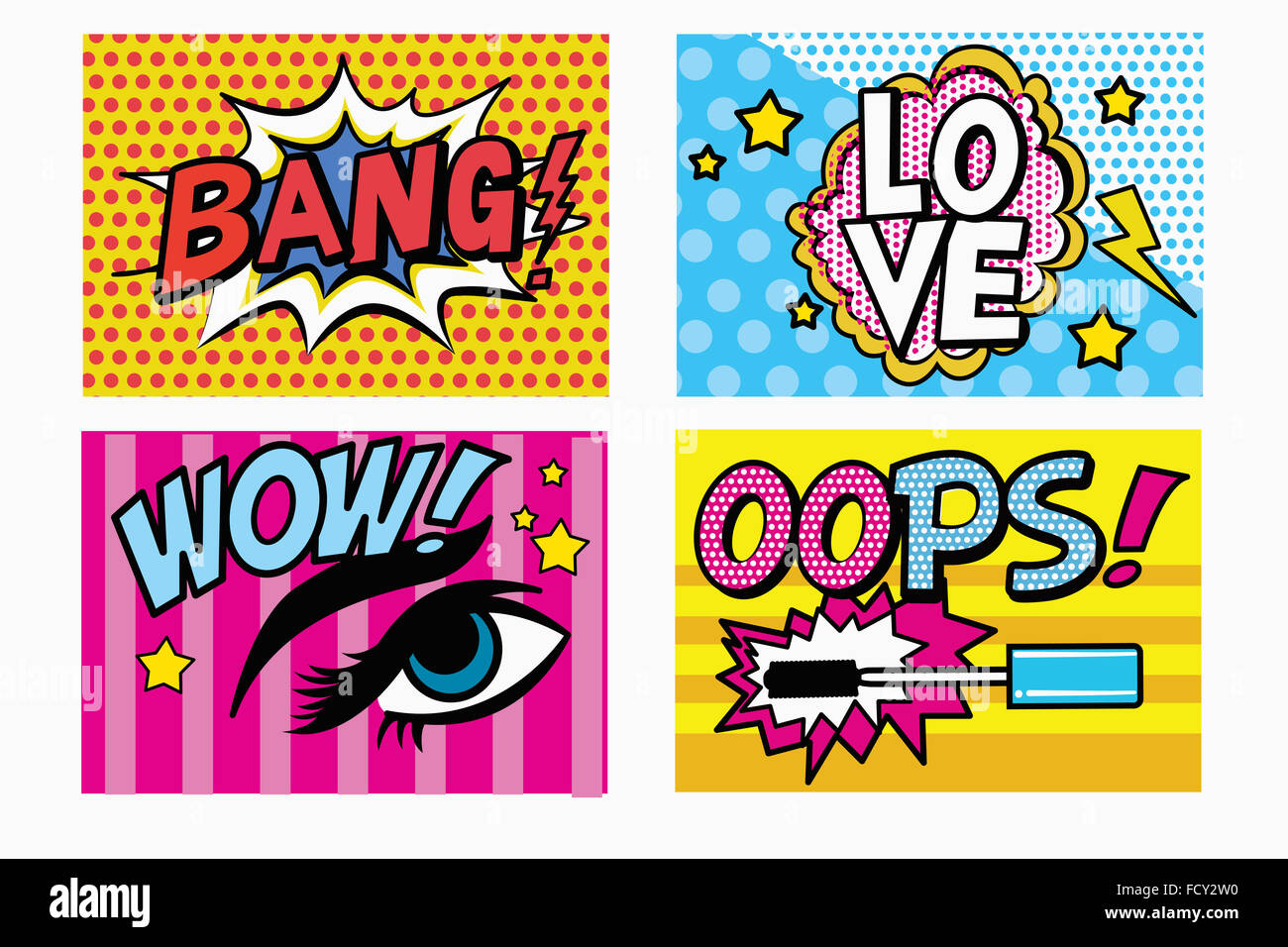 Pop arts words and images in vivid colors representing cosmetics Stock