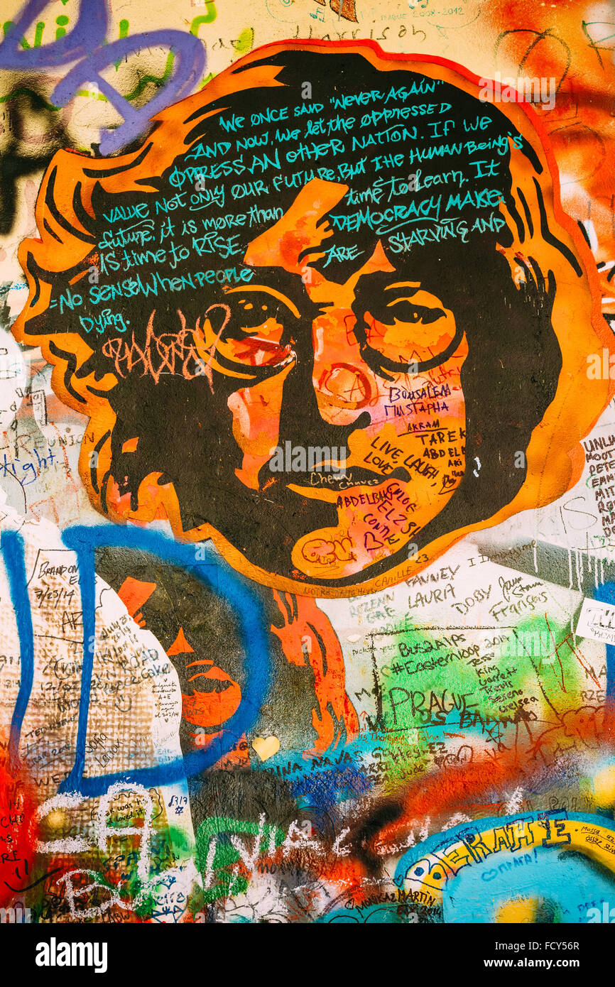 Prague, Czech Republic - October 10, 2014: Famous place in Prague - The John Lennon Wall. Wall is filled with John Lennon inspir Stock Photo