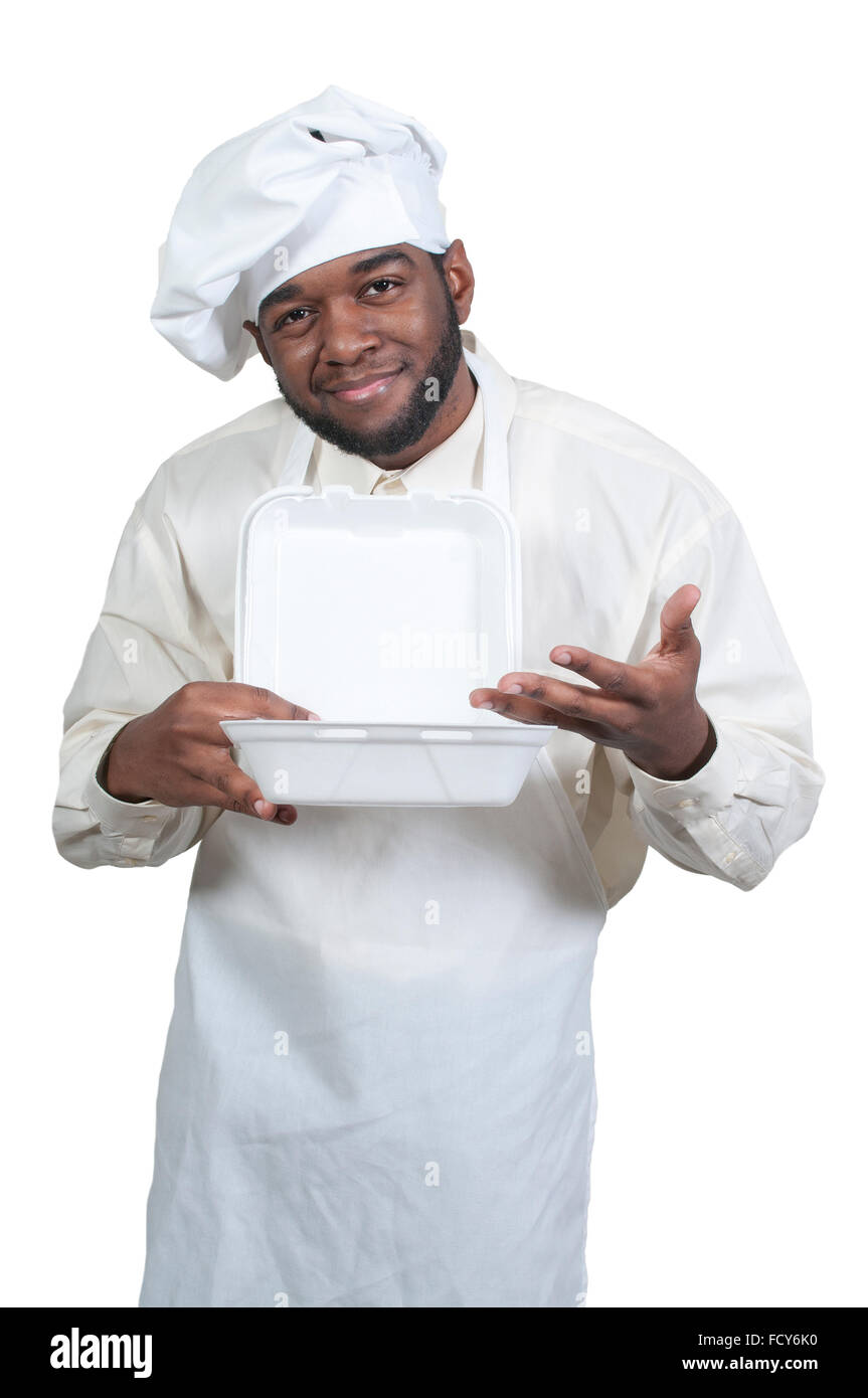 Black African American male chef holding a takeout box Stock Photo