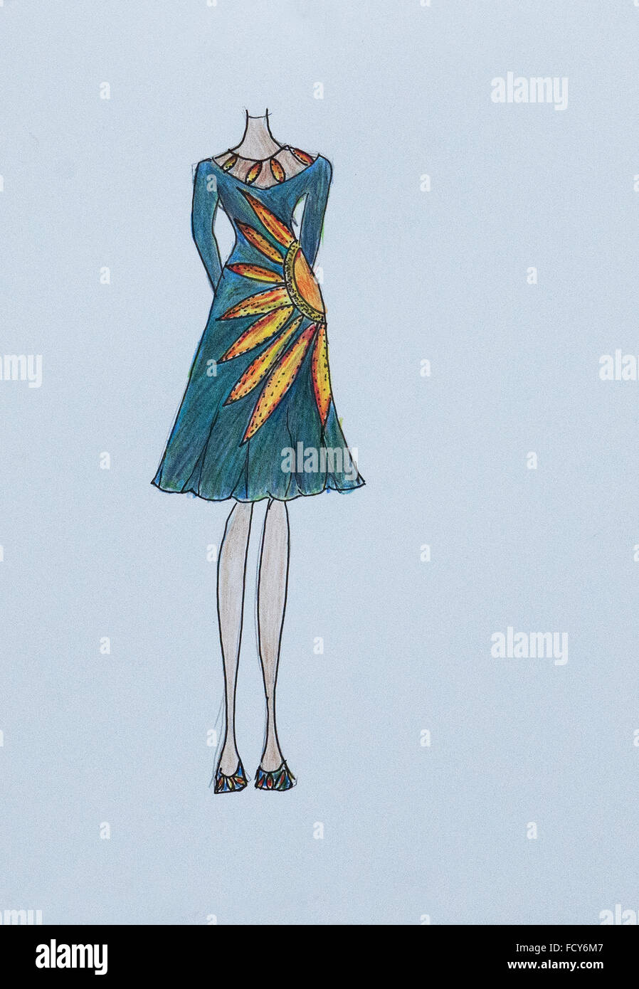 Handmade fashion sketch, fashion draw of a woman dress, gown, in blue with  abstract pattern Stock Photo - Alamy