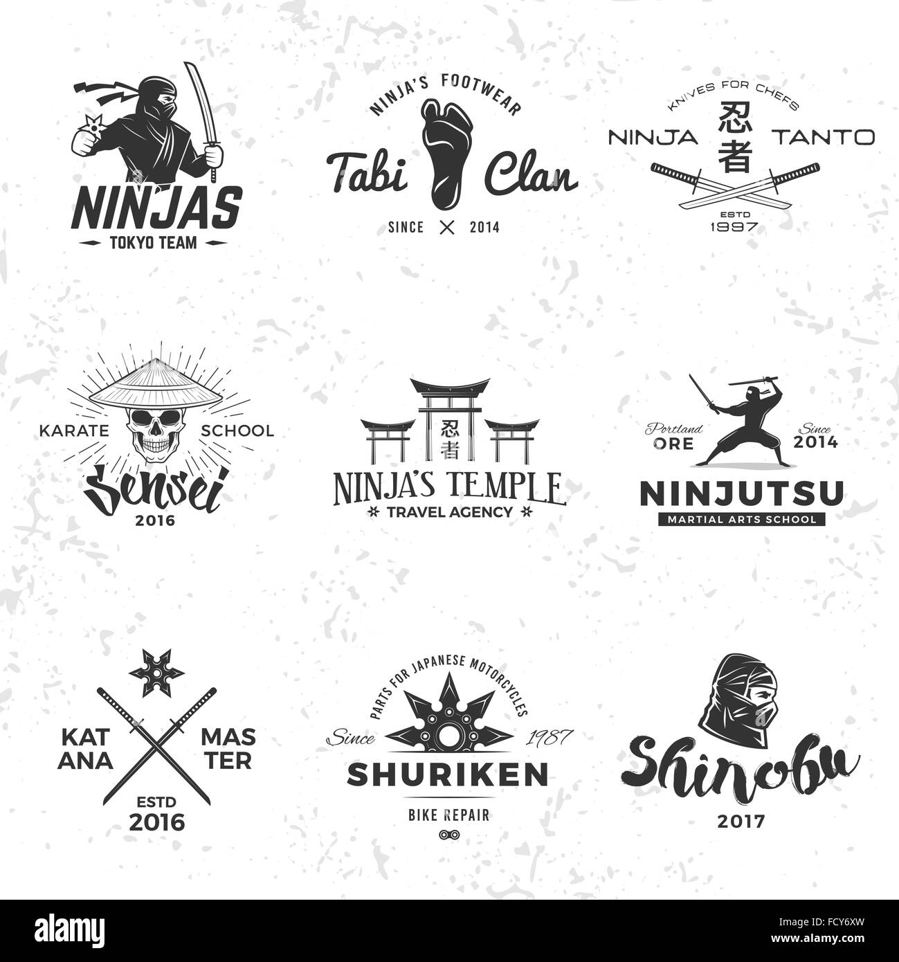 Set of Japan Ninja Logo.  Sensei skull insignia design. Sport samurai mascot badge. Katana master t-shirt concept on grunge background Stock Vector