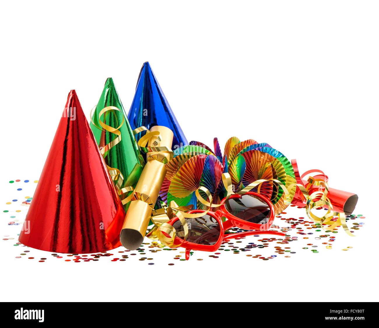 Serpentine, garlands, streamer, confetti. Carnival party decoration. Mardi gras Stock Photo