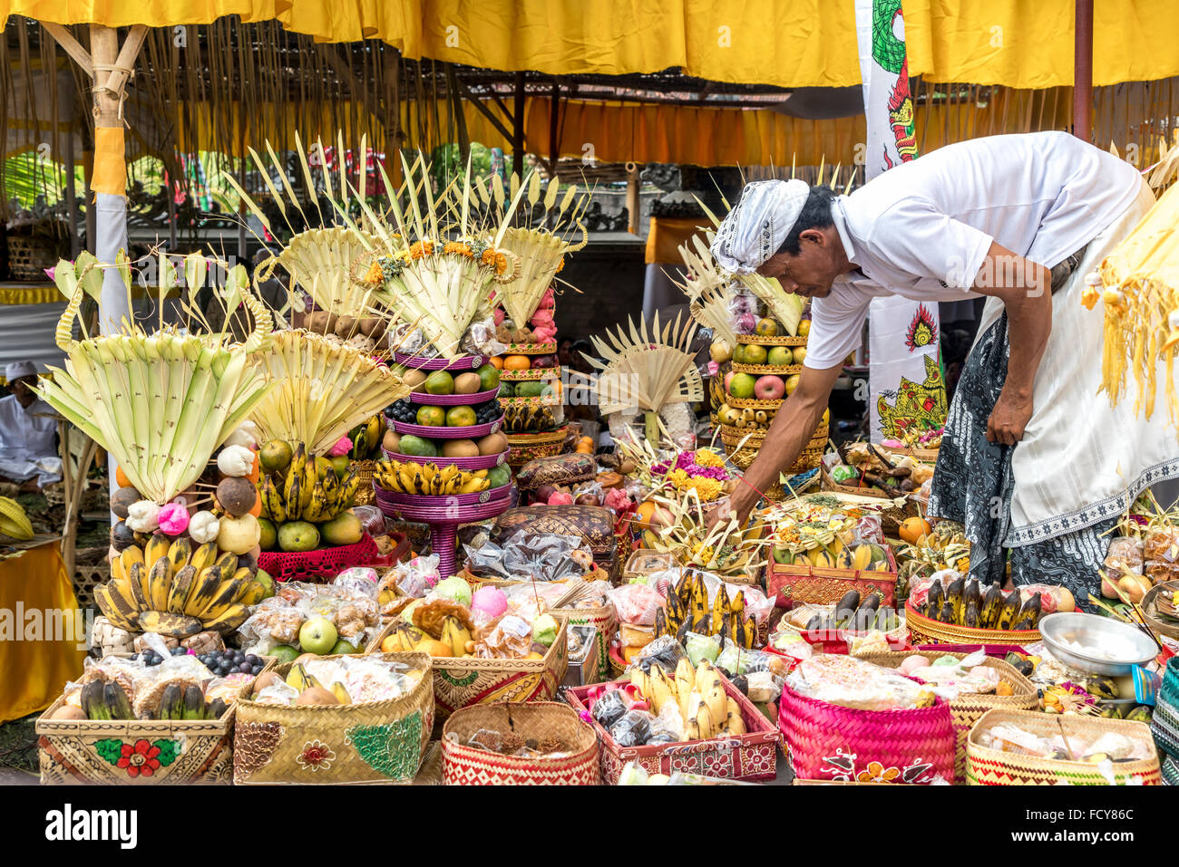 baskets with fruit offerings at a temple ceremony in Lovina Bali