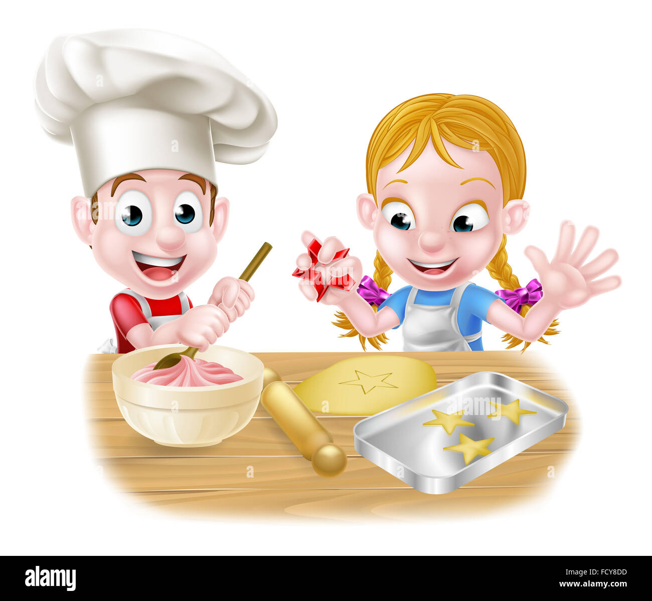 Cartoon chef children baking dessert cakes and biscuits in the kitchen