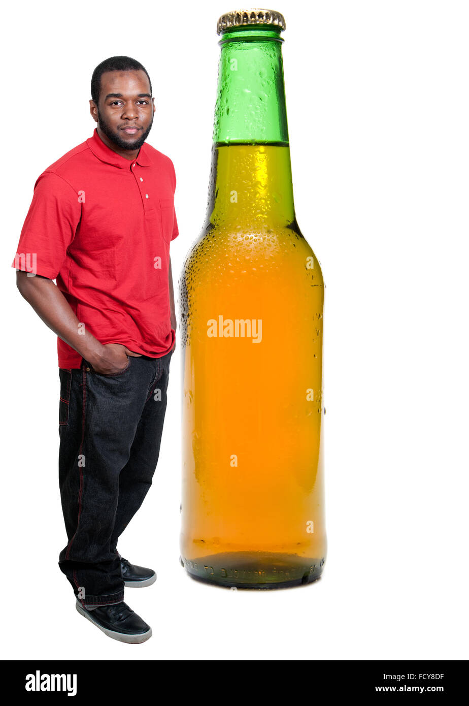 Black African American man with an ice cold beer in a bottle Stock Photo