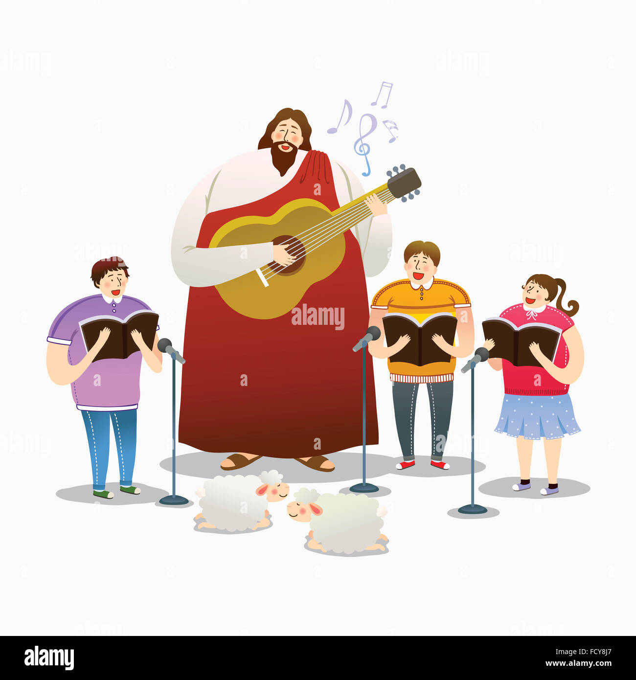 Jesus Christ playing guitar and people singing hymns together Stock Photo