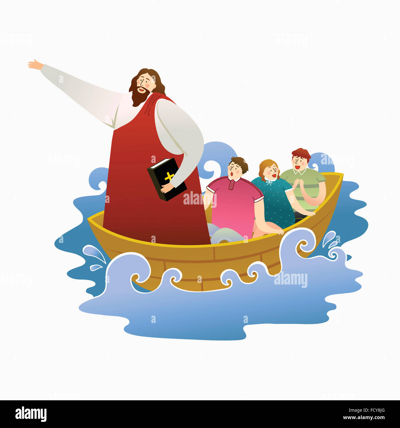 Jesus Christ leading a boat with the Bible and people on board with him