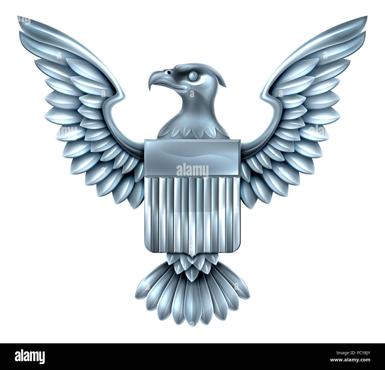Silver steel metal American Eagle Design with bald eagle of the United States with American flag shield Stock Photo