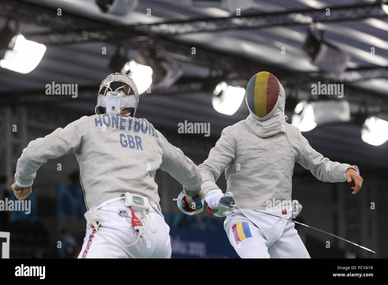 James Honeybone (GBR) vs Madalin Bucur (ROU). Men's Sabre Individual Table of 32. Fencing. Crystal Hall. Baku2015. 1st European Games. Baku. Azerbaijan. 23/06/2015 Stock Photo