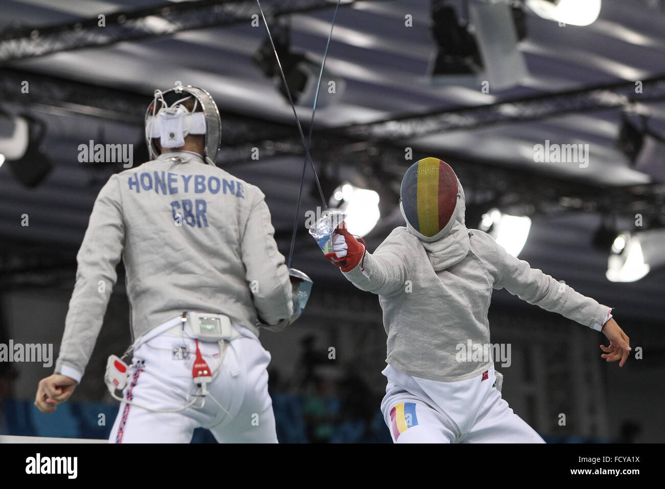 James Honeybone (GBR) vs Madalin Bucur (ROU). Men's Sabre Individual Table of 32. Fencing. Crystal Hall. Baku2015. 1st European Games. Baku. Azerbaijan. 23/06/2015 Stock Photo