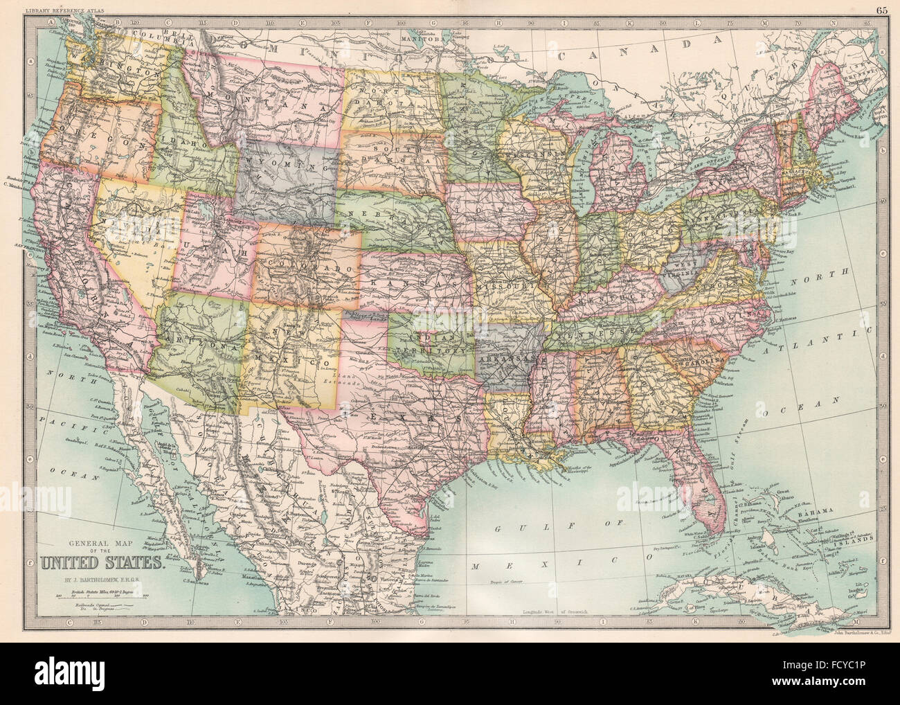 USA General Map of the United - Usa General Map Of The United States Bartholomew 1890 FCYC1P 