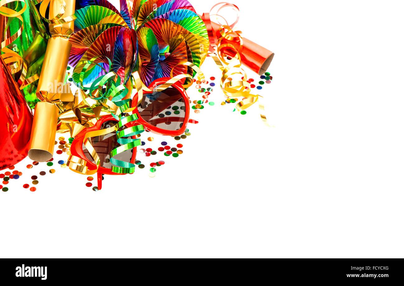 Serpentine, garlands, streamer and confetti. Carnival party decoration. Mardi gras Stock Photo