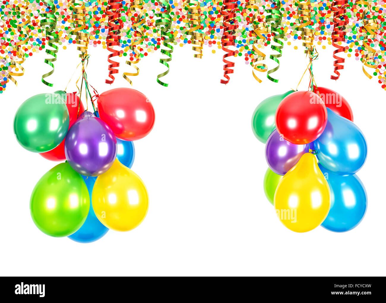 Party decoration. Air balloons, confetti and serpentine on white background Stock Photo