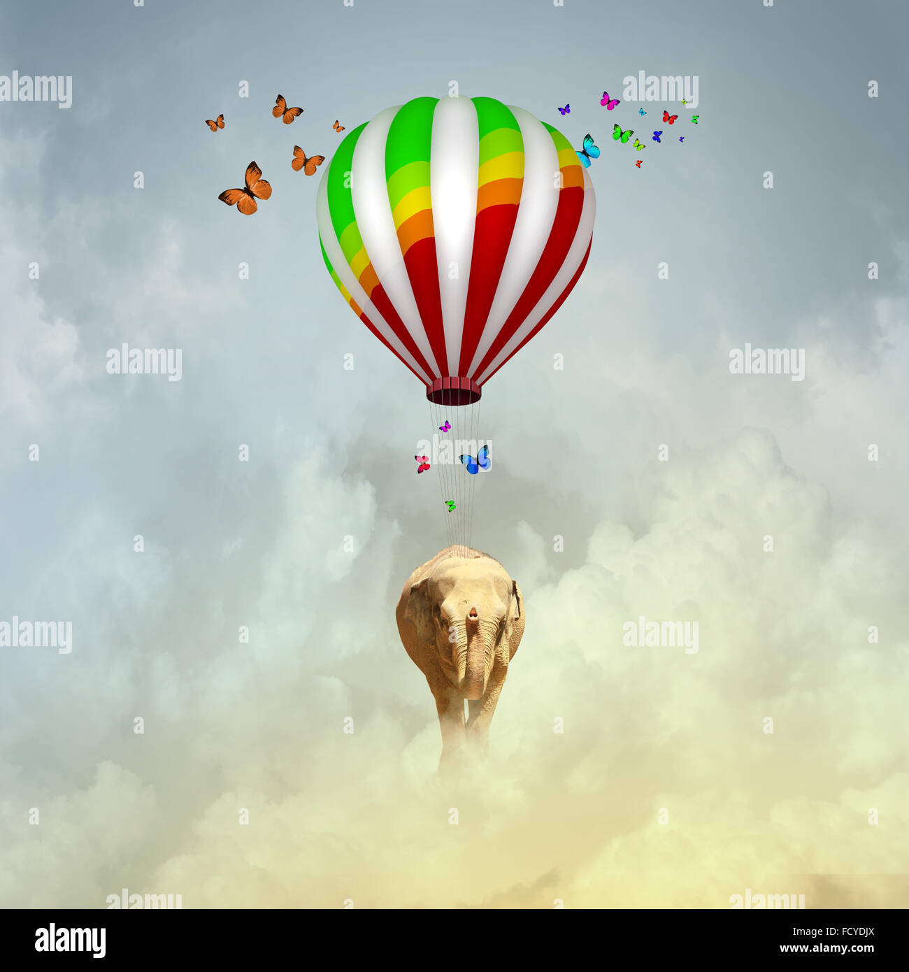 Elephant flying in sky on colorful aerostat Stock Photo - Alamy