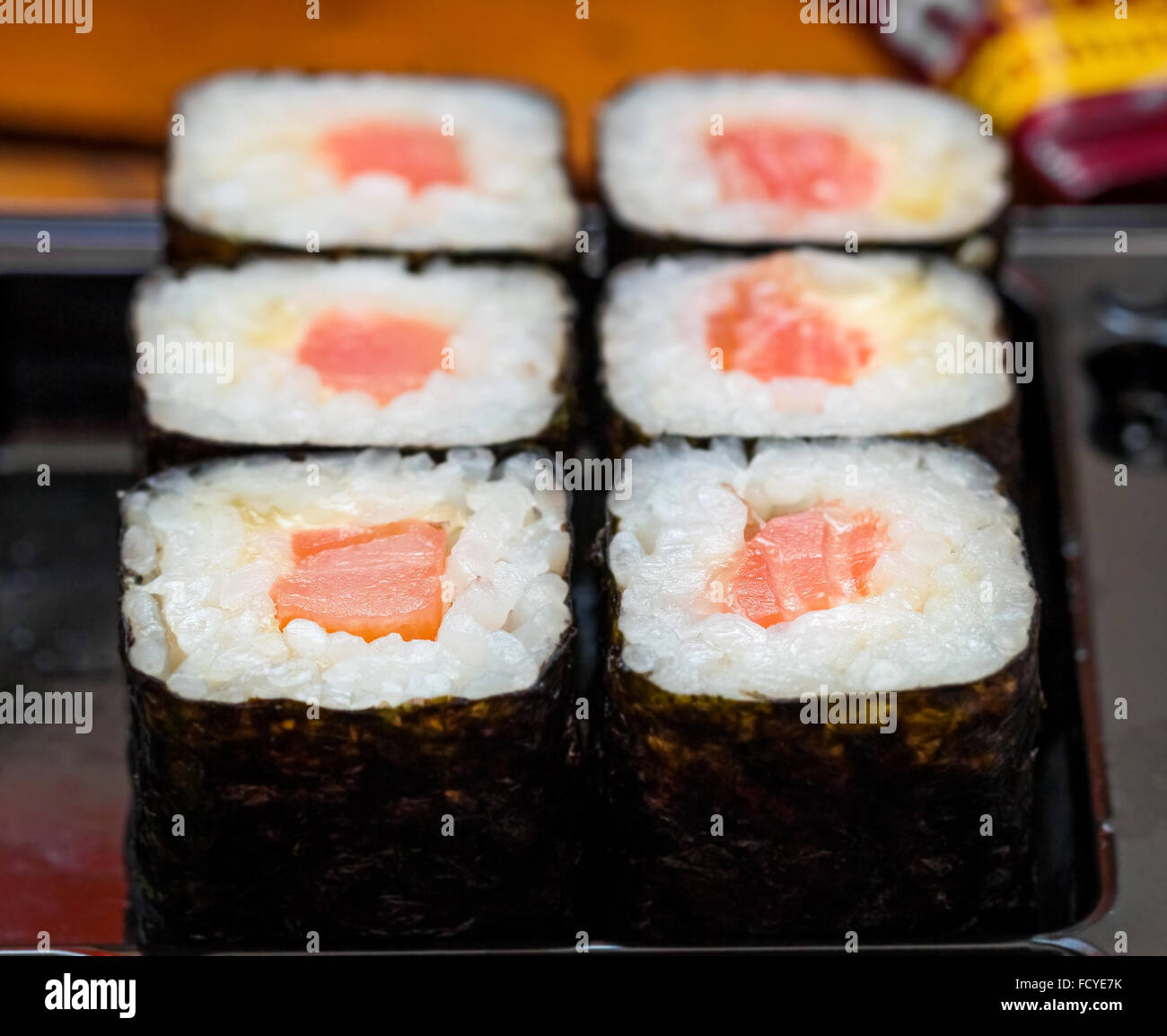 Fresh rolls with salmon closeup for dinner Stock Photo