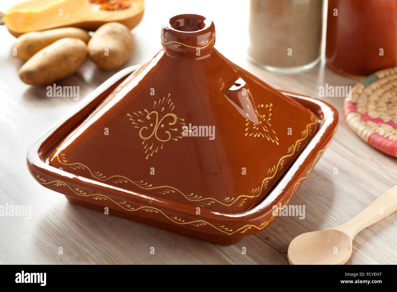 Trendy Moroccan square tajine in the kitchen Stock Photo