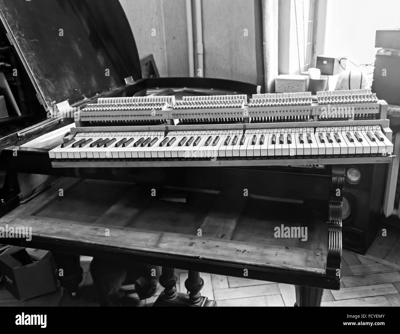 Piano restoration photo in black and white colors Stock Photo