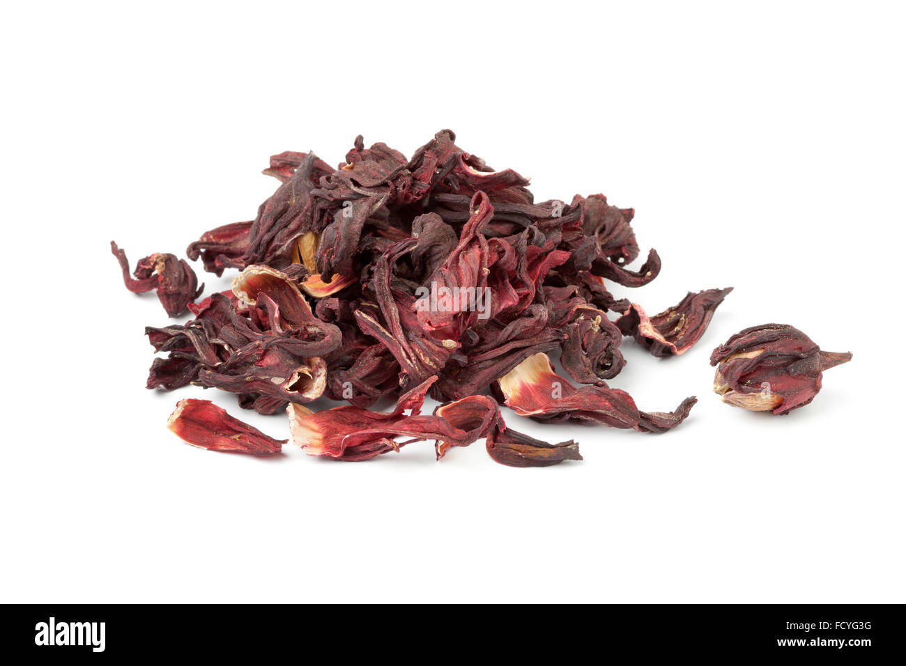 Heap of dried hibiscus flowers on white background Stock Photo