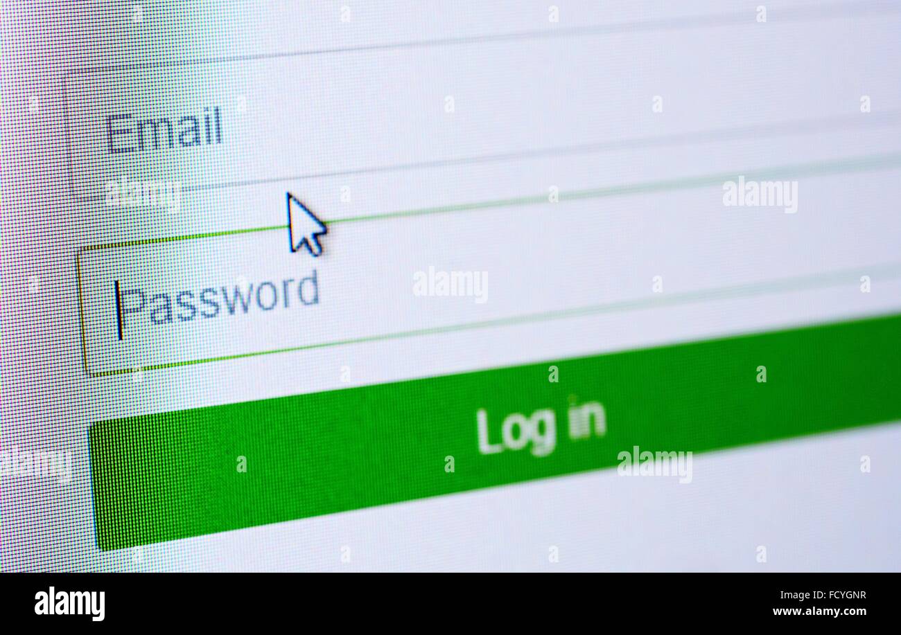 Password and email blank forms and arrow cursor at login screen on the web site. Stock Photo