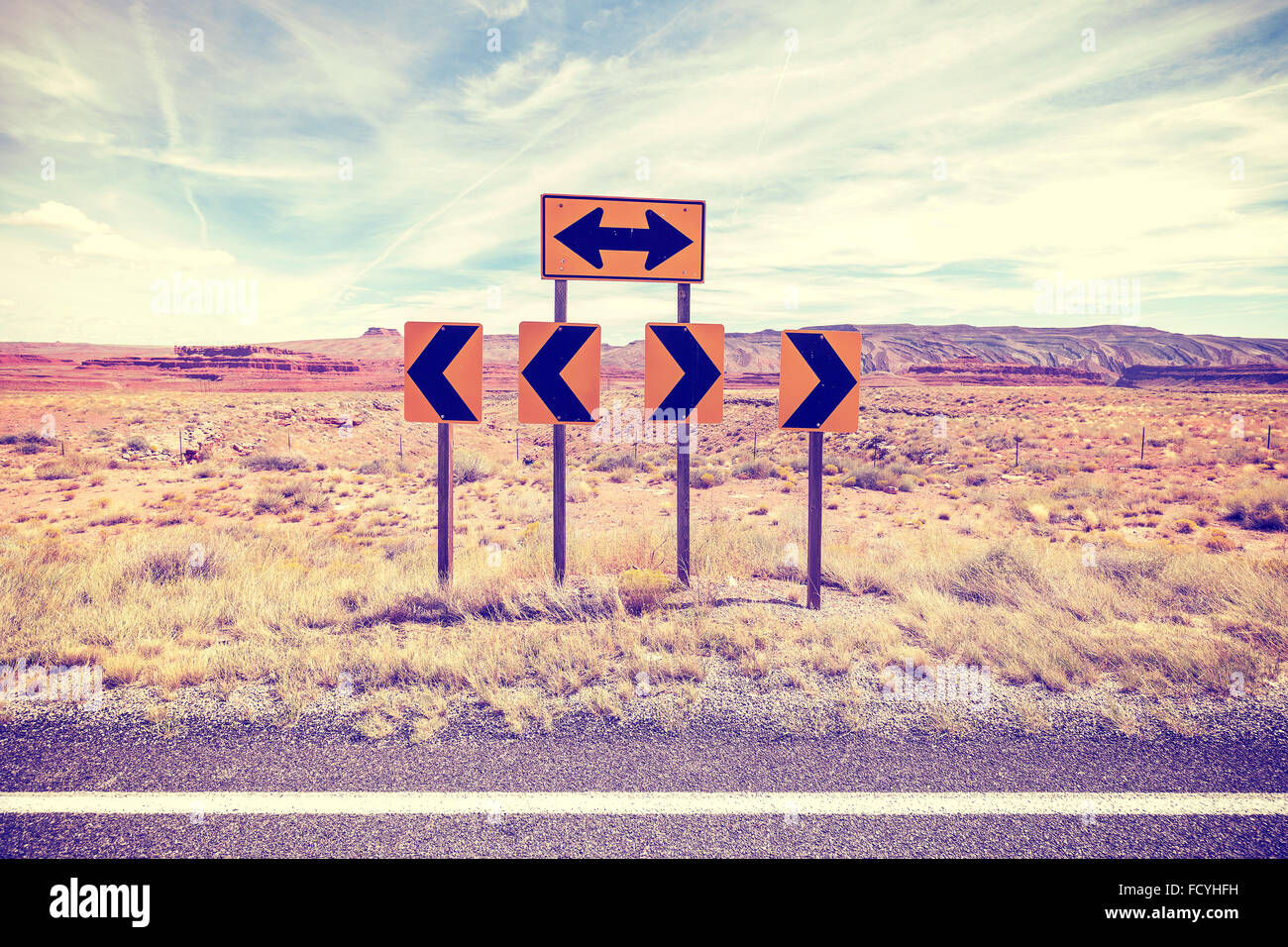 Vintage stylized photo of road signs, choice concept. Stock Photo