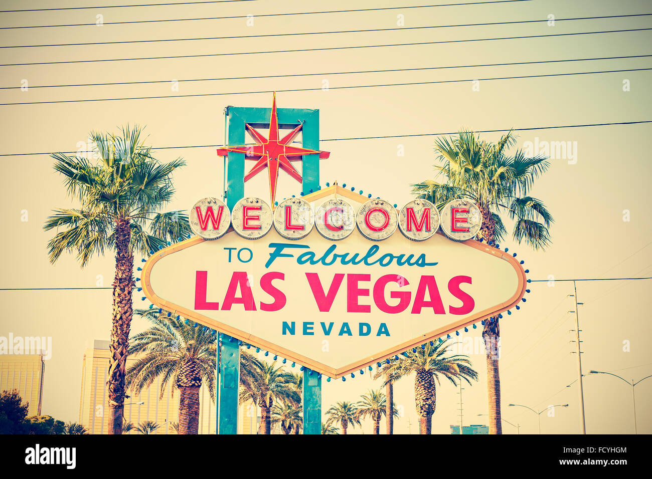 Old film style cross processed photo of the Welcome To Las Vegas Sign, USA. Stock Photo