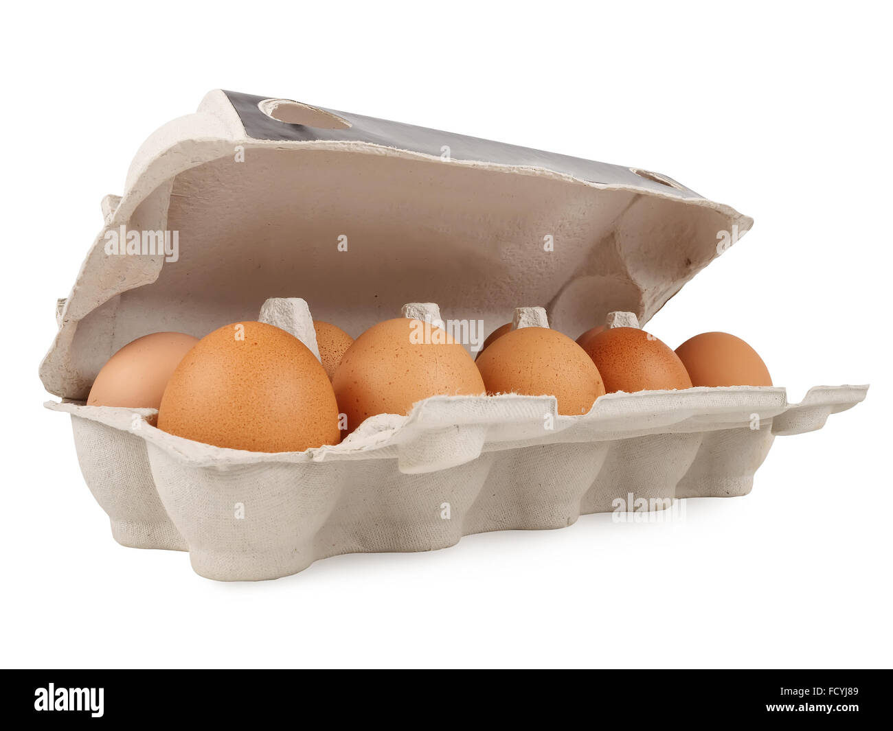 ten fresh eggs in carton package, studio shot Stock Photo