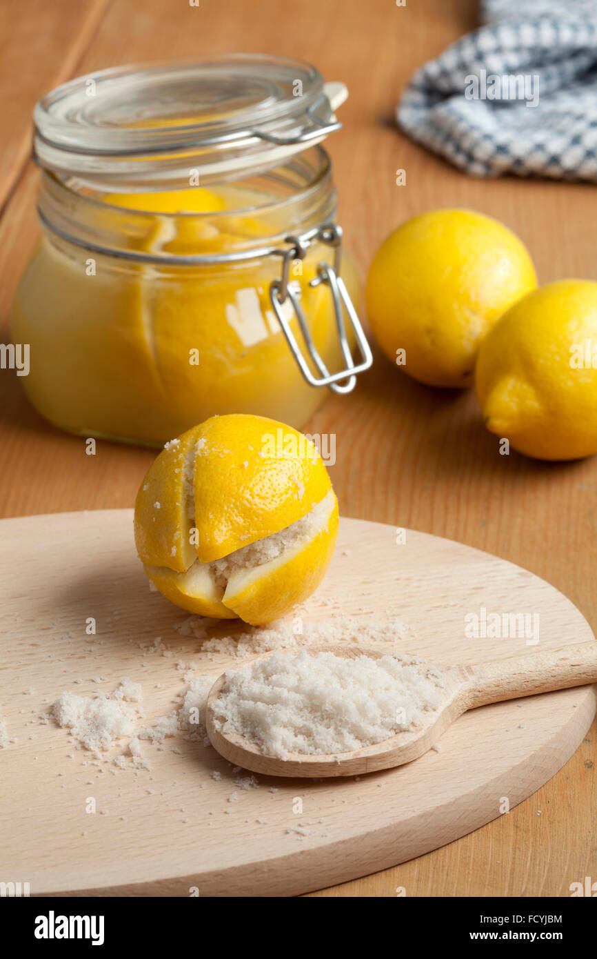 Moroccan Preserved Lemons with salt Stock Photo
