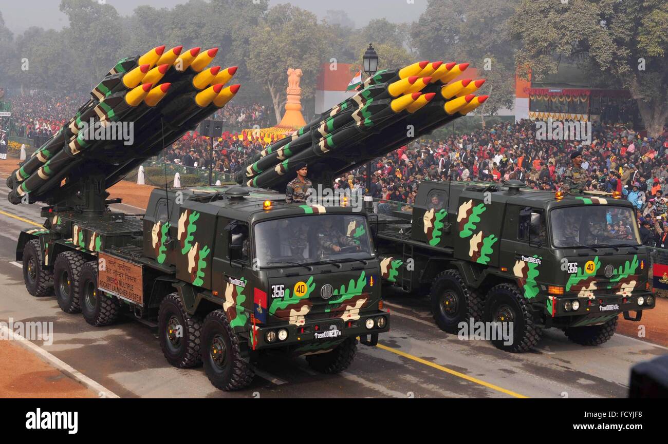 New Delhi, India. 26th January, 2016. The Indian Army Smerch Multiple Rocket Launcher Systems parade down Rajpath during the annual Republic Day parade January 26, 2016 in New Delhi, India. Prime Minister Narendra Modi is hosting French President Francois Hollande as the guest of honor. Stock Photo