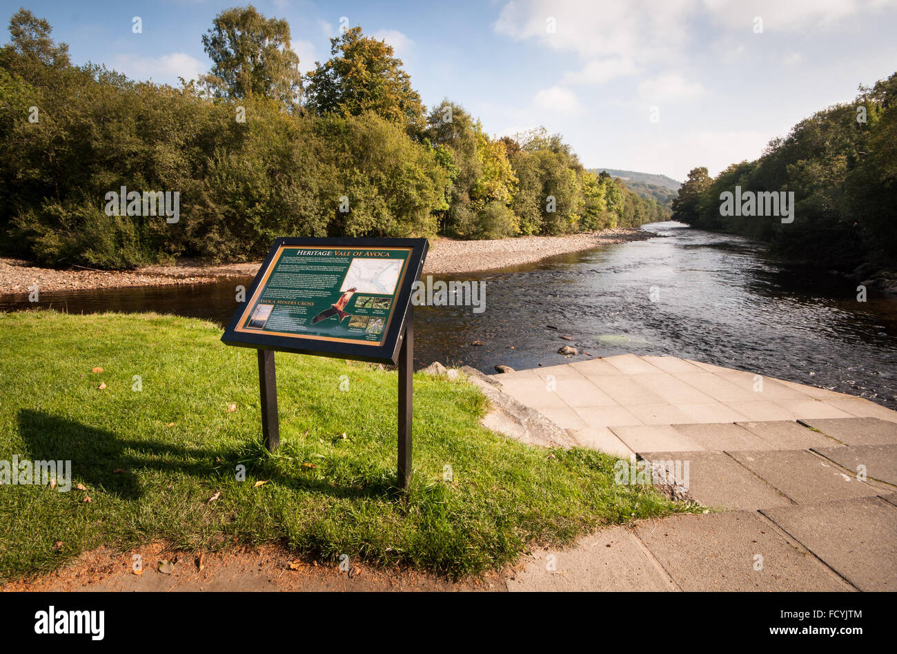 A sign with tourism and nature information at the the Meeting of the Waters near Avoca in County Wicklow, Ireland Stock Photo