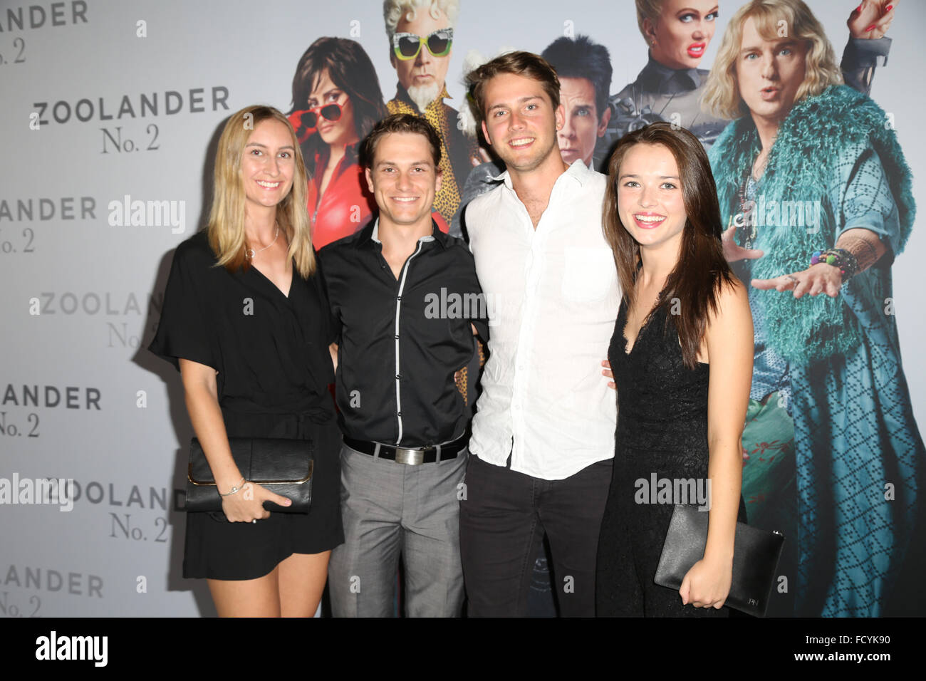 Sydney, Australia. 26 January 2016. Celebrities arrived on the red carpet for the comedy Zoolander No. 2 at the State Theatre, 49 Market Street. Pictured: Jake Speer and girlfriend, Isaac Brown and Philippa Northeast. Credit: Richard Milnes/Alamy Live News Stock Photo