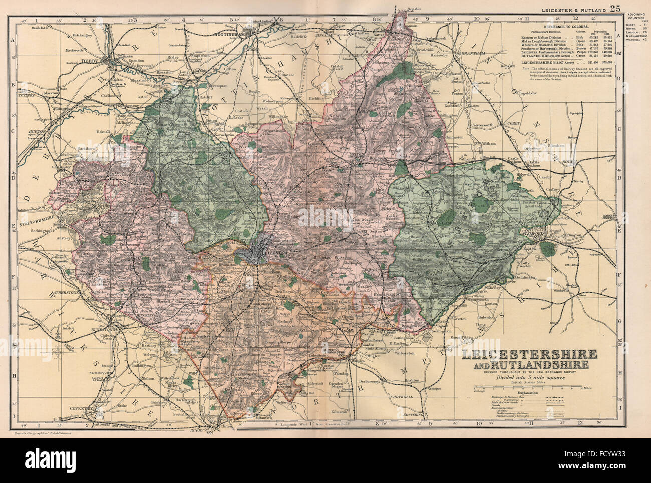 LEICESTERSHIRE AND RUTLANDSHIRE: Parliamentary divisions & parks. BACON 1896 map Stock Photo