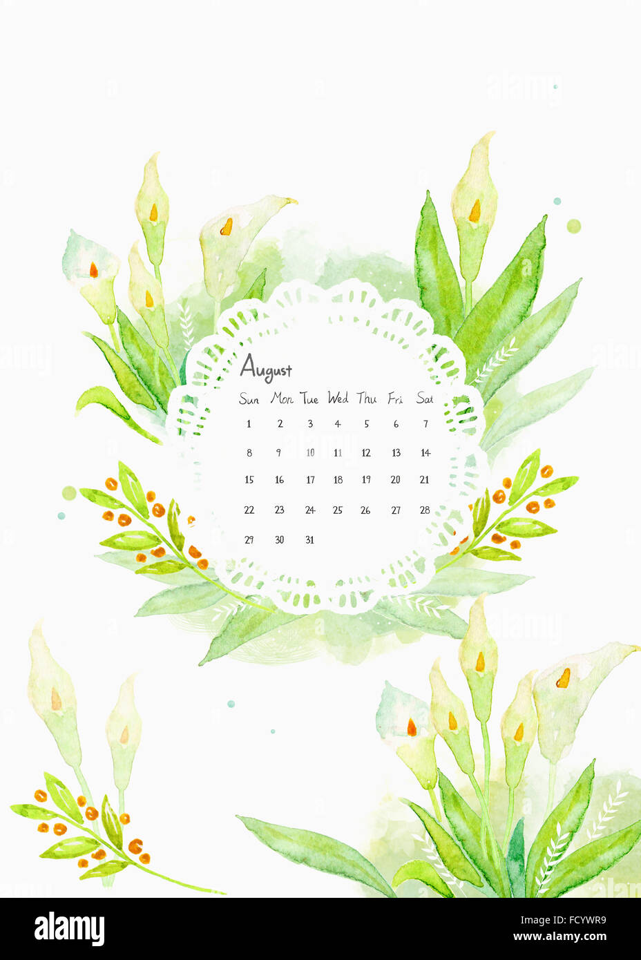 Background of calendar with watercolor flowers and leaves Stock Photo
