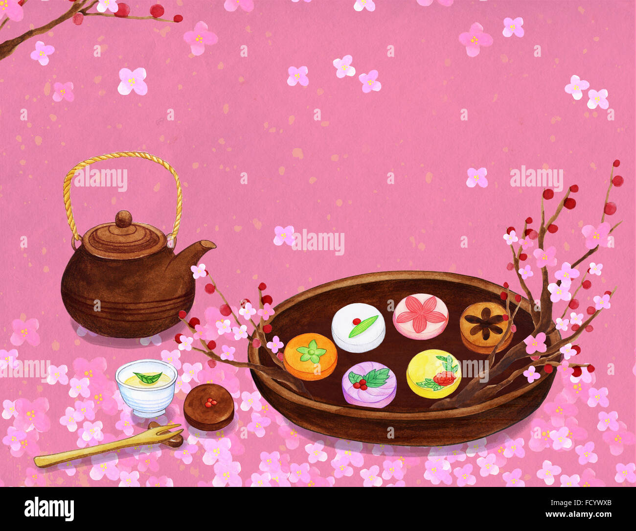 Traditional Korean tea set and honey cakes, watercolor Stock Photo Alamy