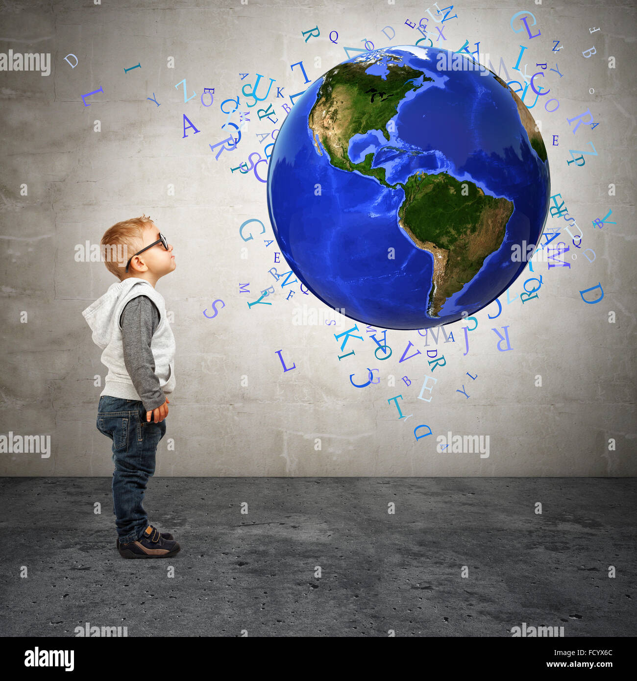 little child look 3d world with flying words Stock Photo