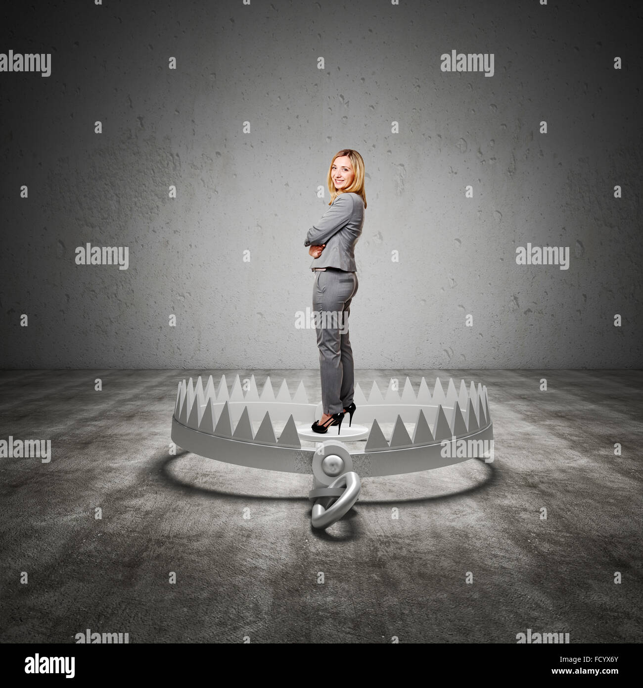 standing woman on 3d bear trap Stock Photo