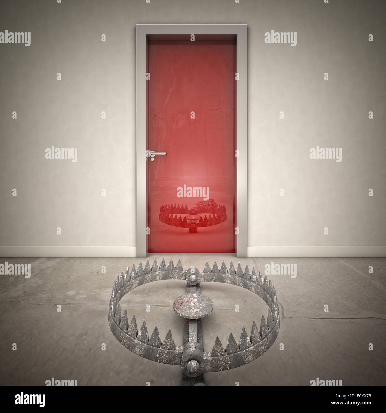 3d red door and bear trap Stock Photo