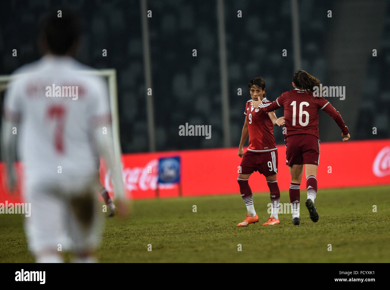 Shenzhen, China's Guangdong Province. 26th Jan, 2016. Desiree Monsivais (R) and Maribel Dominguez of Mexico celebrate for goal during the match against Vietnam at the 2016 Shenzhen Women's Football International Tournament held in Shenzhen, south China's Guangdong Province, on Jan. 26, 2016. Mexico won 1-0. © Mao Siqian/Xinhua/Alamy Live News Stock Photo