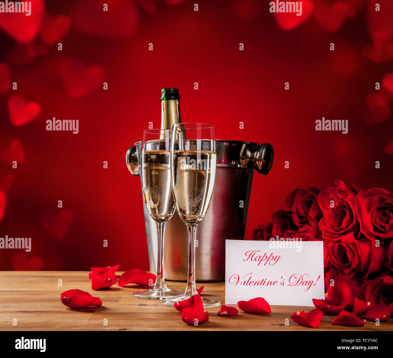 Valentines still life with champagne and roses Stock Photo
