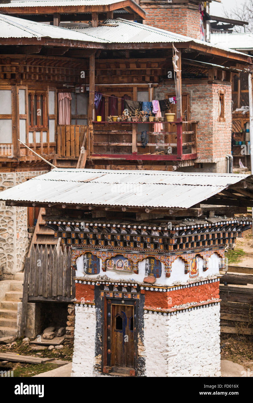 House and Shrine, Jakar, Bumthang, Central Bhutan, Asia Stock Photo