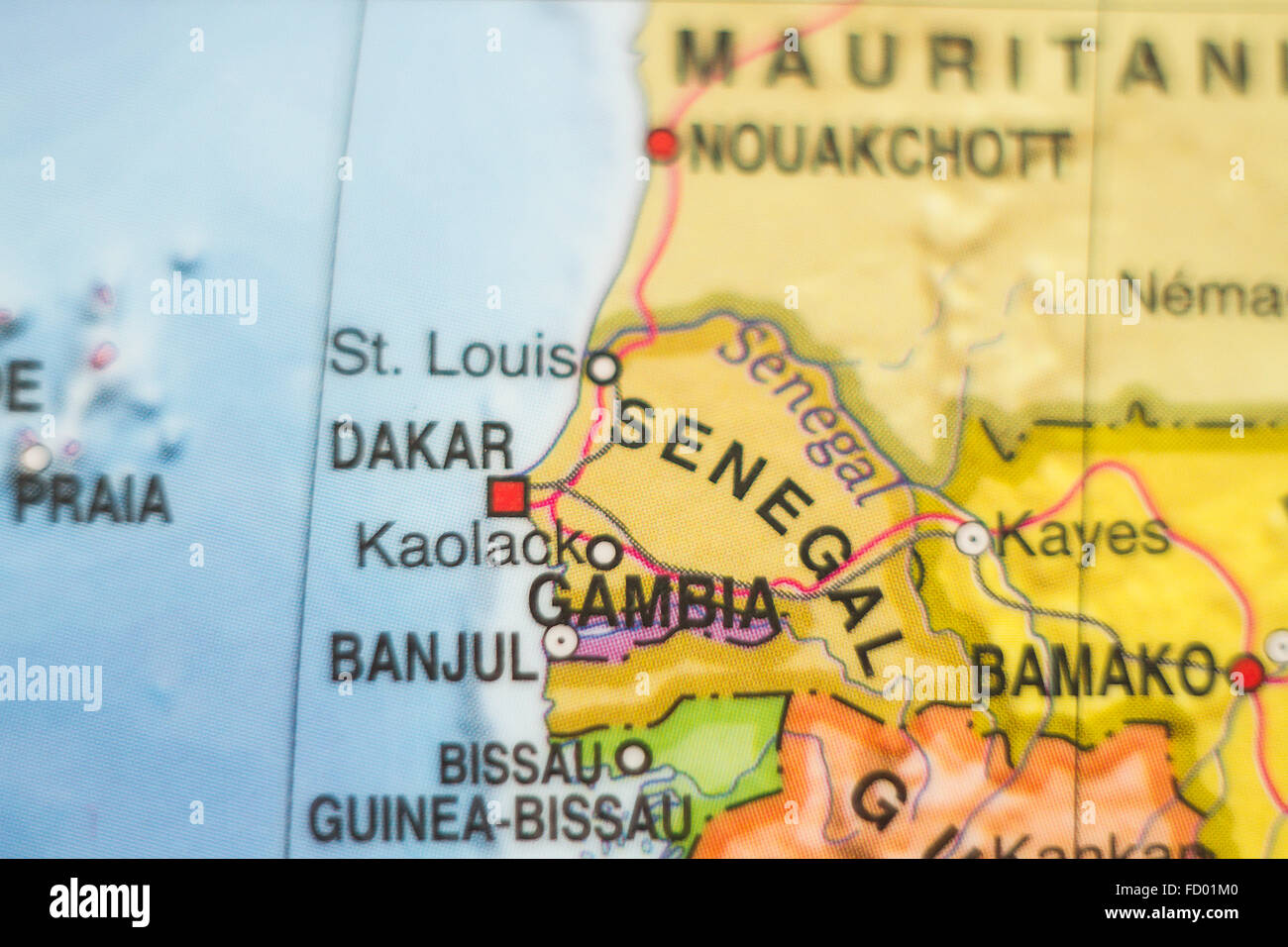 Photo of a map of Senegal and the capital Dakar . Stock Photo