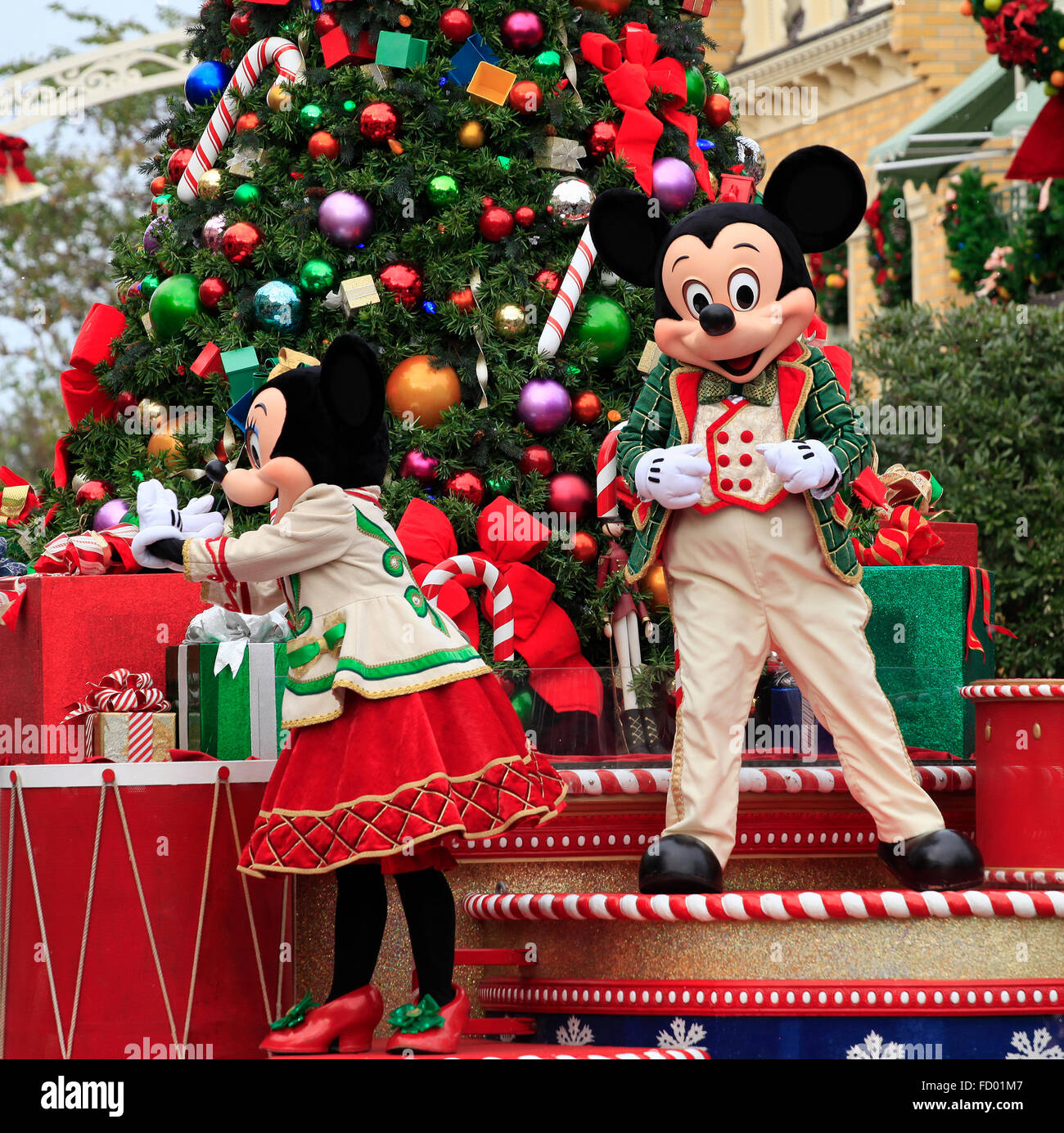 Holiday Mickey and Minnie Mouse on Christmas Parade in Magic Kingdom, Orlando, Florida Stock Photo